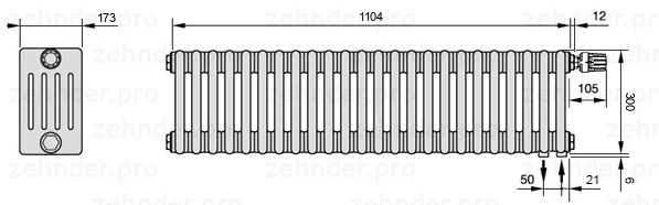 Схема (чертеж) Радиатор Zehnder Charleston 5030/24 №V002 Белый глянцевый RAL 9016